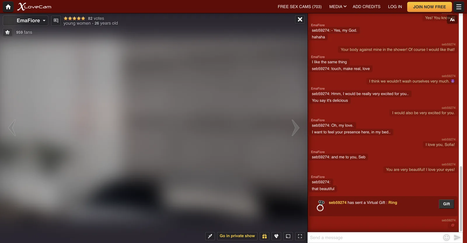 XloveCam public room with the player on the left, a conversational chat panel on the right showing message bubbles and a virtual gift event, and a go in private show button beneath
