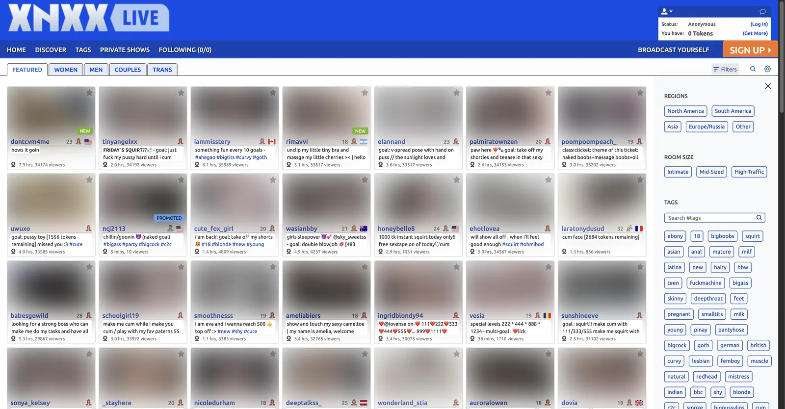 XNXX Live Cams home page showing a grid of room tiles with full room subjects, beside a filter panel of regions, room size and tags