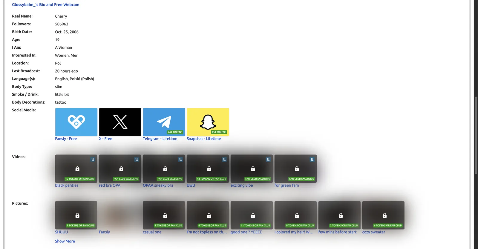 A profile bio field table above rows of locked clips and photo sets, each badged with a token price or a fan club label