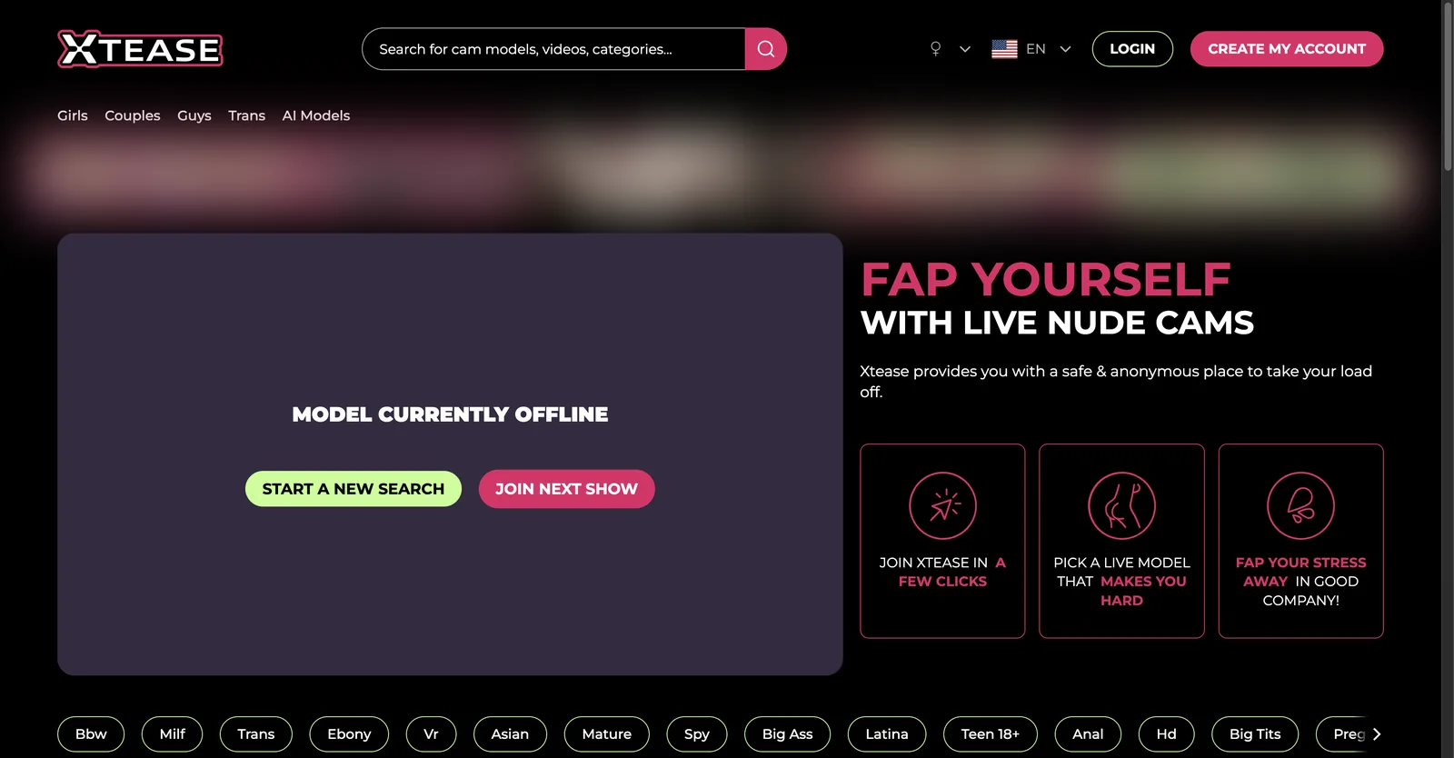 Xtease home page with a featured player reading model currently offline, beside promotional panels and a scrolling row of category chips