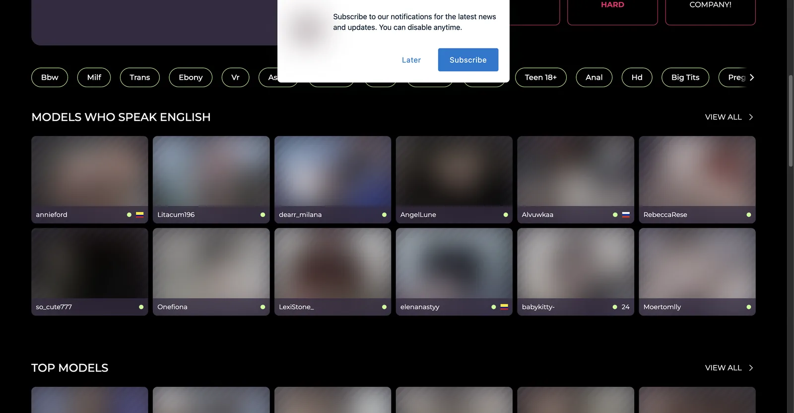Curated rows of Xtease model tiles under a heading for models who speak English, each tile showing a name and a status dot