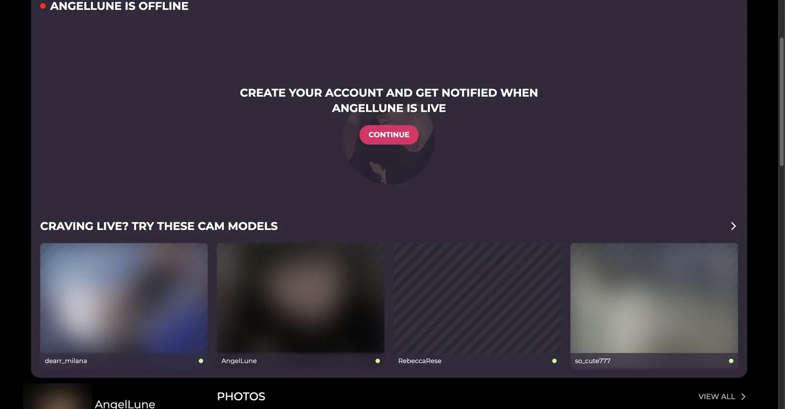An Xtease performer page showing an offline notice and a prompt to create an account for live alerts, above a recommendation row