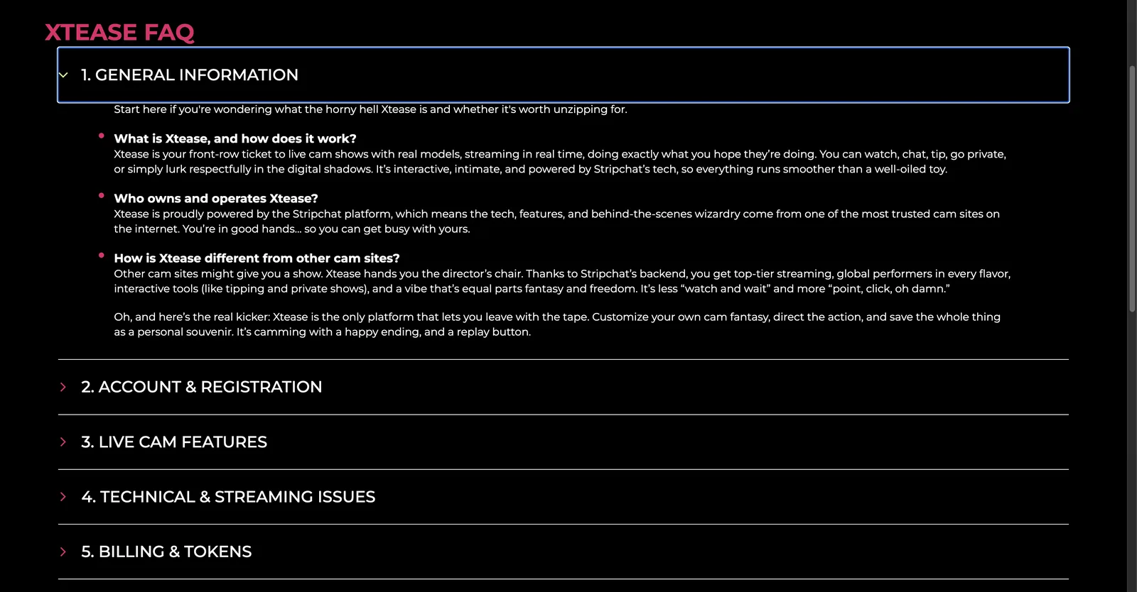 The Xtease FAQ page answering who owns and operates the site, stating it is powered by the Stripchat platform