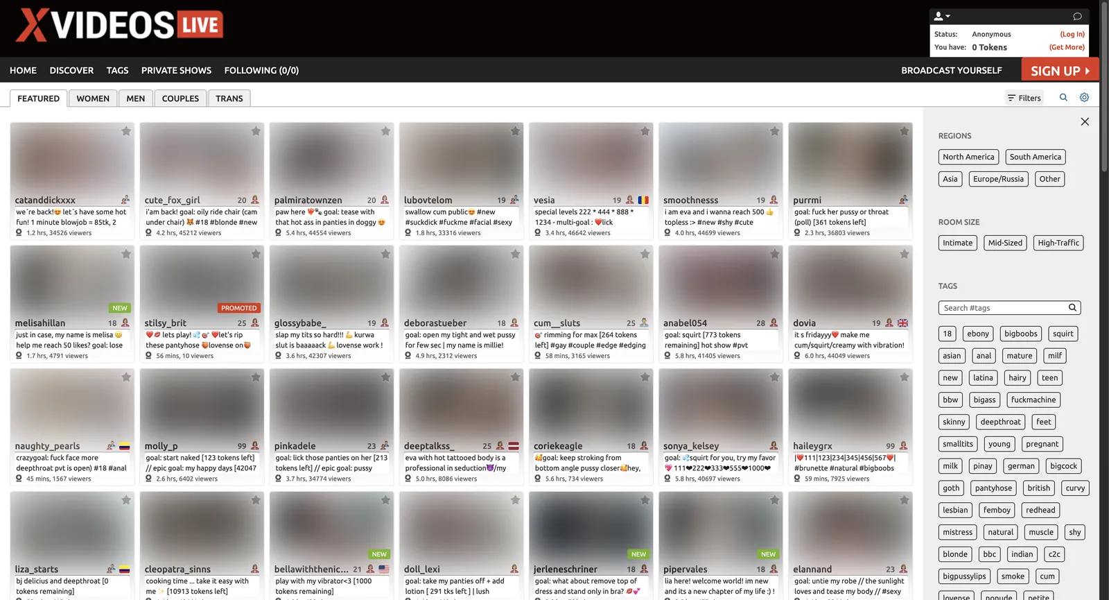 XVideos Live Cams home page showing a grid of room tiles with full room subjects, beside a filter panel of regions, room size and tags
