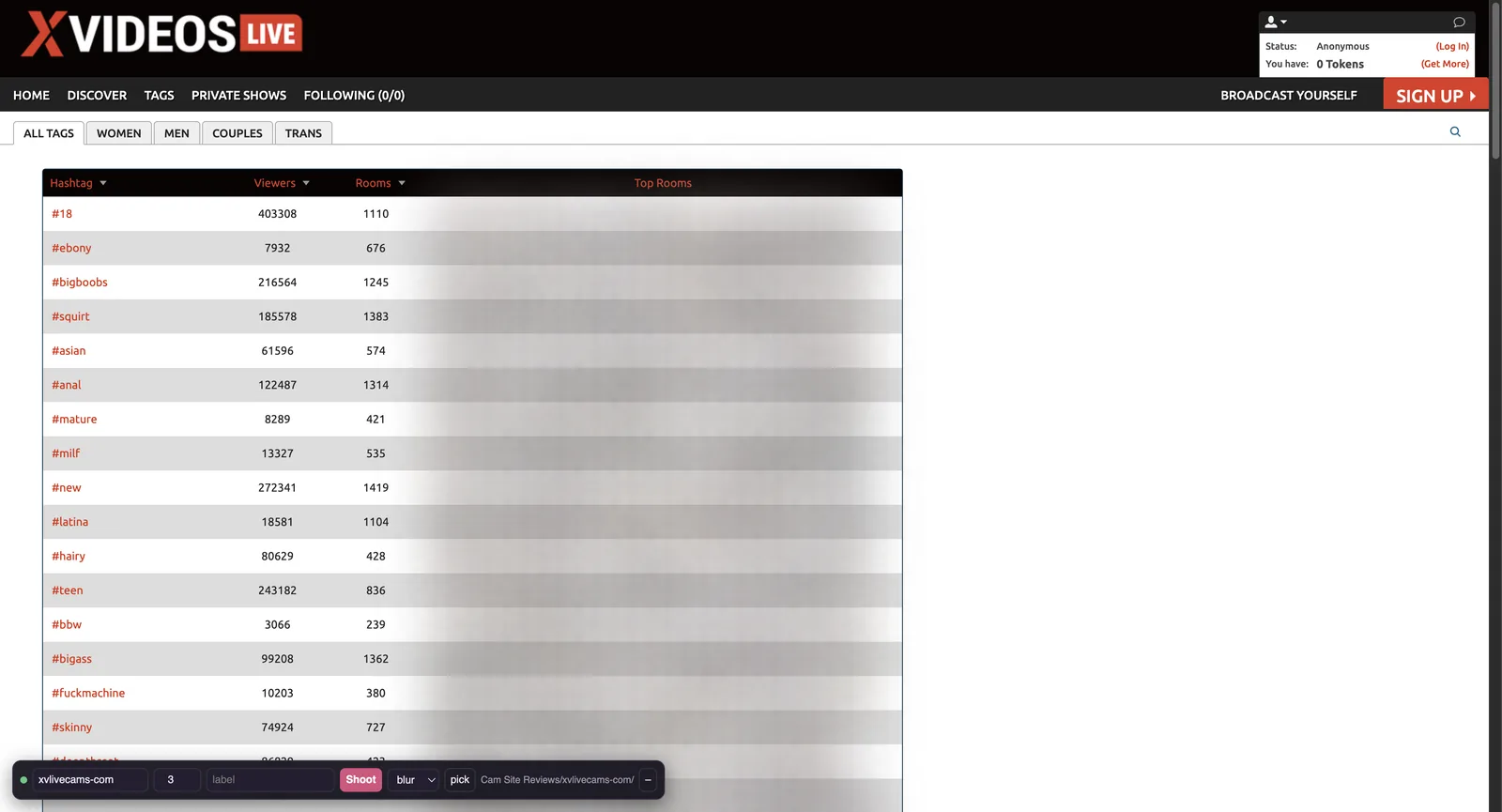The all tags table listing hashtags with live viewers and room counts