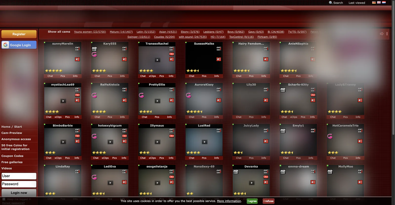 777livecams home page with a category filter row where every label carries two numbers in brackets, a live count and a roster count, above a grid of tiles with star ratings and HD, cam2cam, clips and sound badges