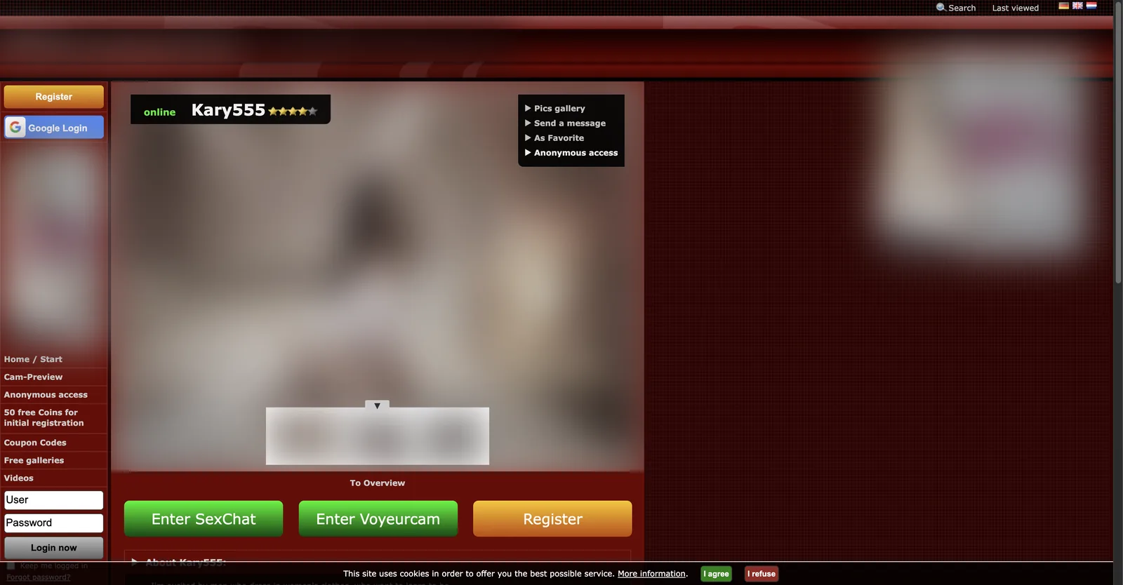 777livecams model page showing an online marker, a star rating, Enter SexChat and Enter Voyeurcam buttons with no prices, and links for pics gallery, message, favourite and anonymous access