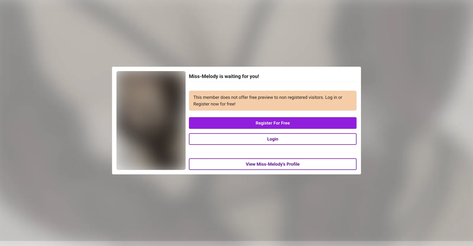 An AdultWork DirectCam room showing a notice that this member does not offer free preview to non registered visitors