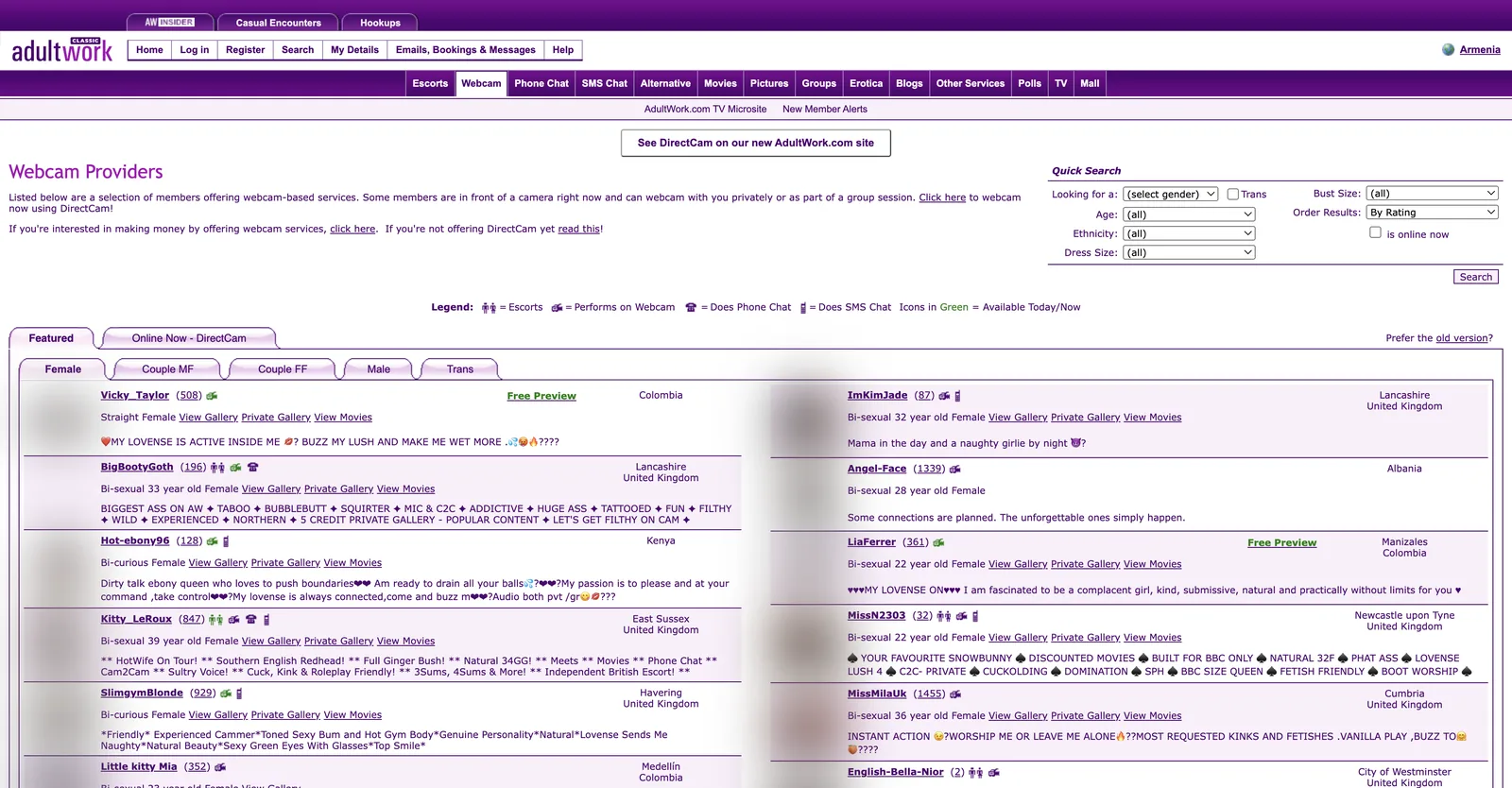 The AdultWork webcam providers page, a dense purple directory listing members with feedback counts, service icons, locations and self-written taglines