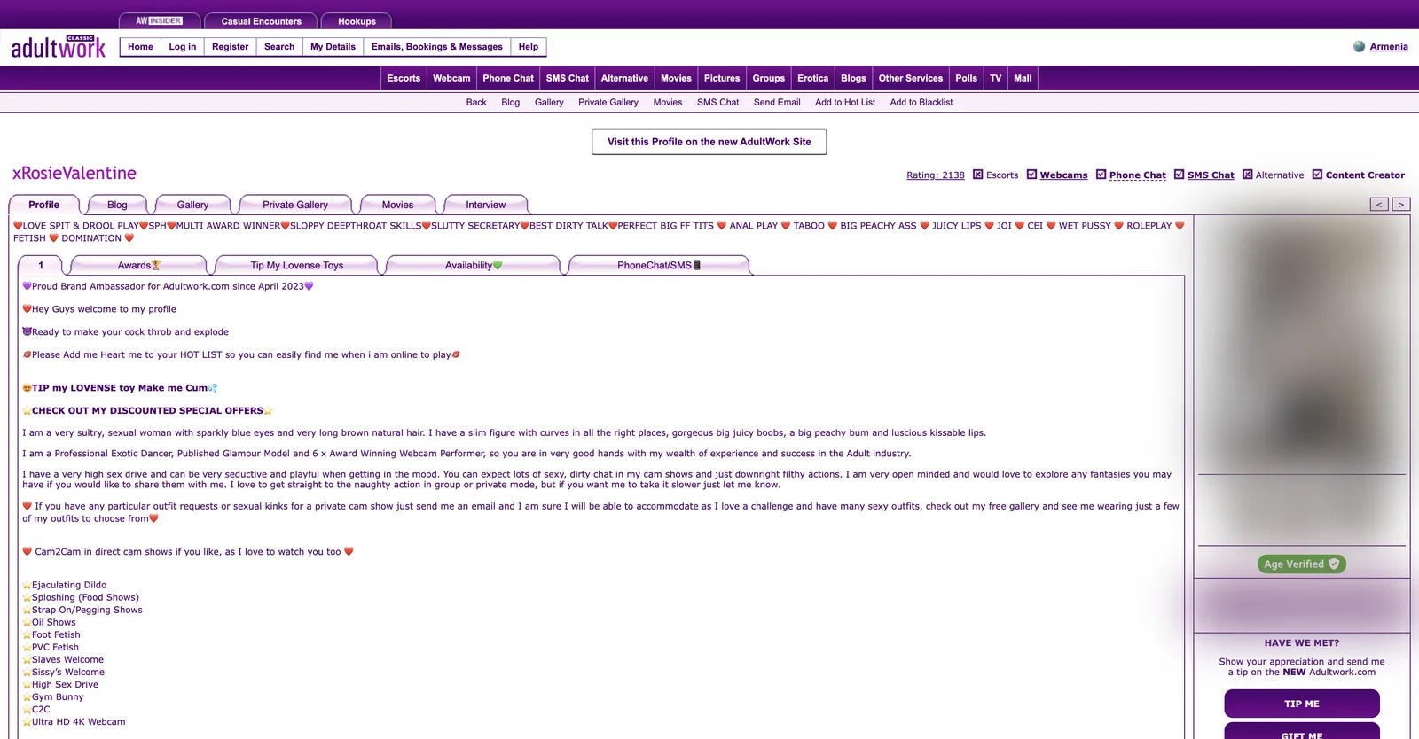 An AdultWork profile page showing a numeric rating, service checkboxes, content tabs and an age verified badge in the sidebar
