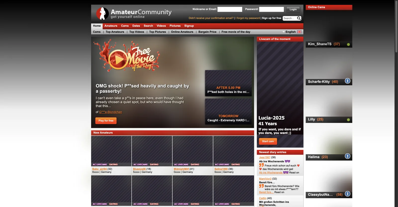 AmateurCommunity home page showing amateur listings with ages and partial German postcodes, above rows of top amateurs and top videos