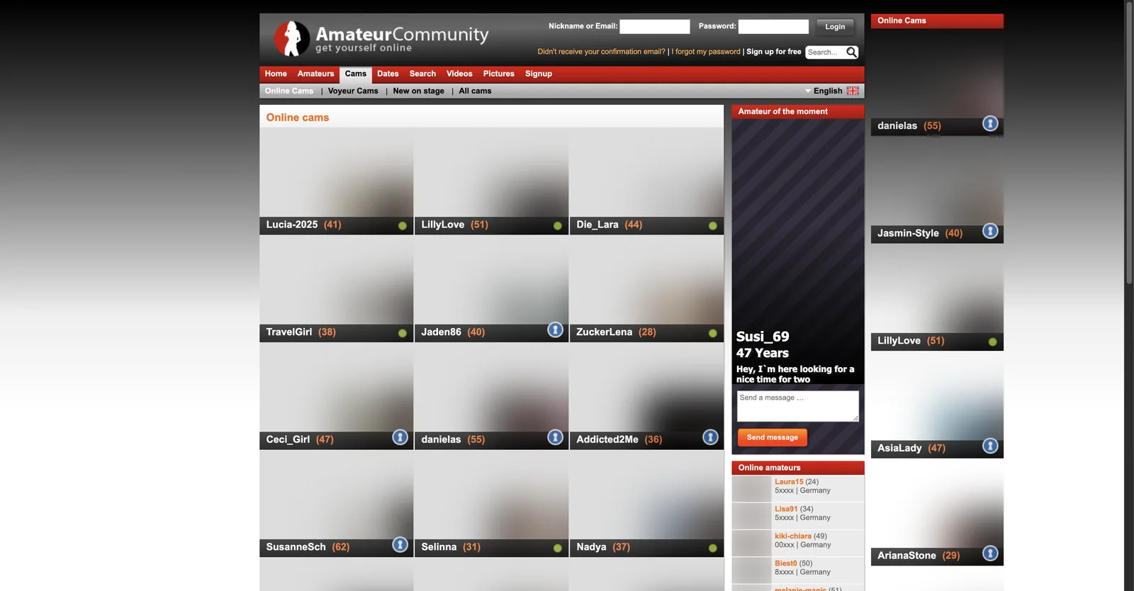 AmateurCommunity cams page with a grid of tiles, each showing a performer name, age and an online marker, beside a rail of rooms with per minute coin prices