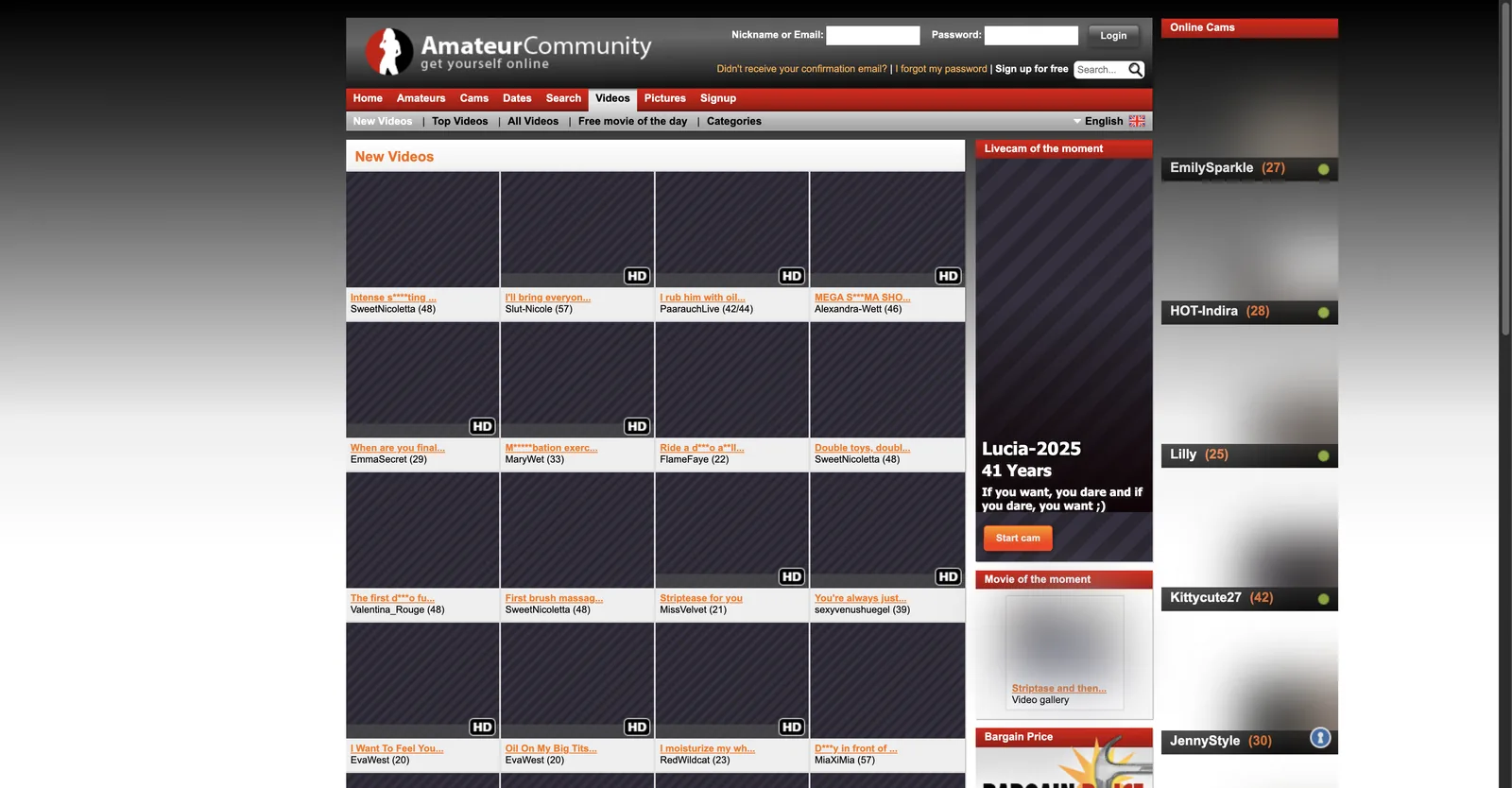 AmateurCommunity new videos feed listing individually sold clips with each performer's name and age beside the title