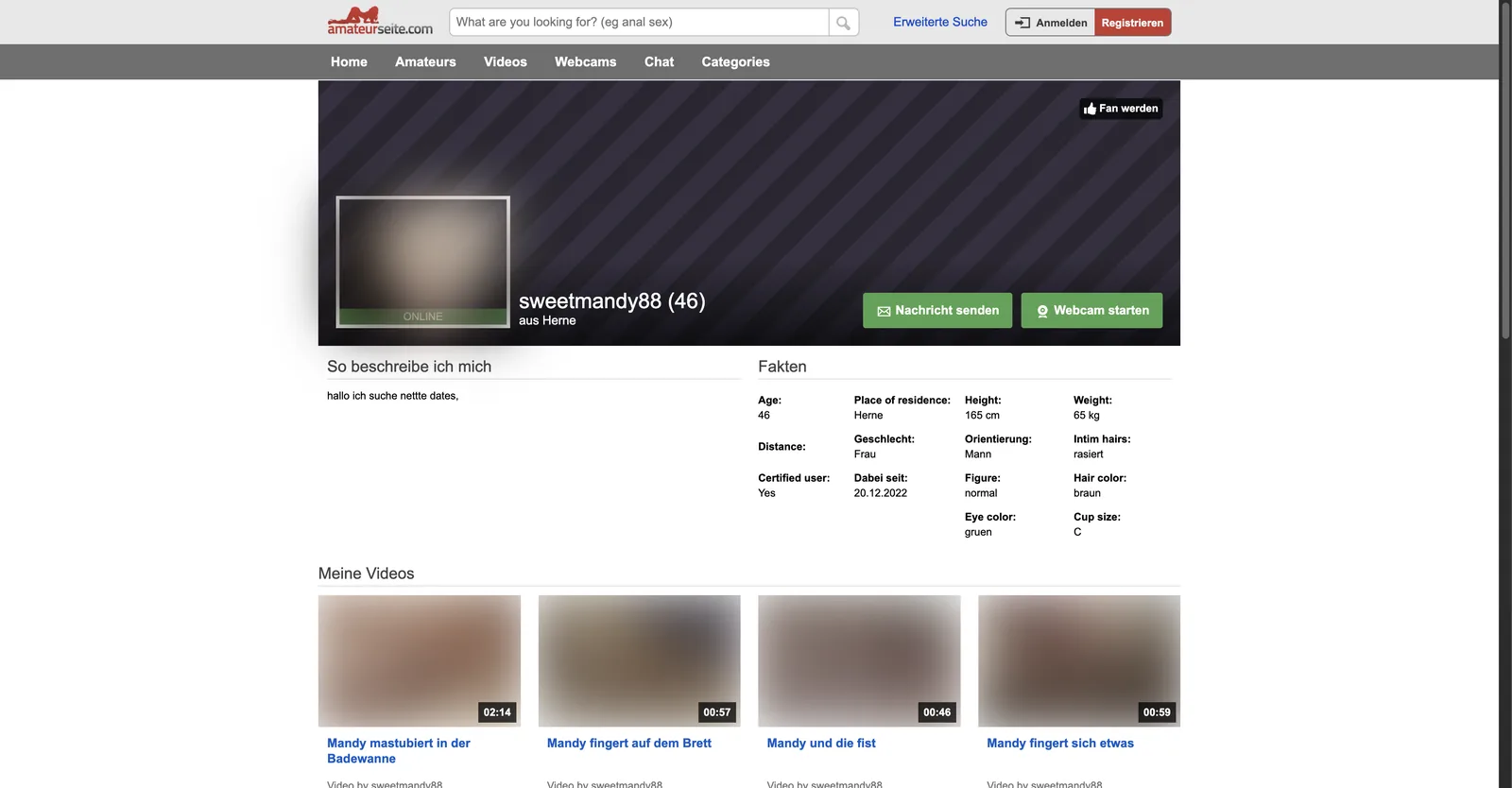 AmateurSeite profile page showing a Fakten block with age, place of residence, distance, height in centimetres, weight in kilograms, cup size and a certified user flag