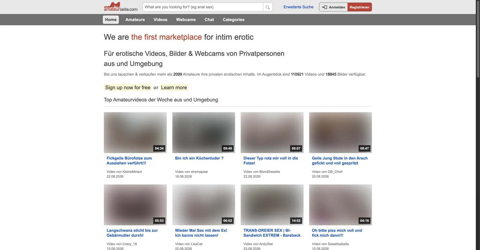 AmateurSeite home page stating the site holds more than 2099 amateurs, 110921 videos and 18845 images, above a grid of top amateur videos of the week