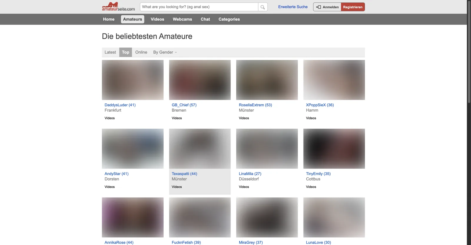 AmateurSeite most popular amateurs page, a grid of tiles each carrying a handle, an age in brackets and a German town name