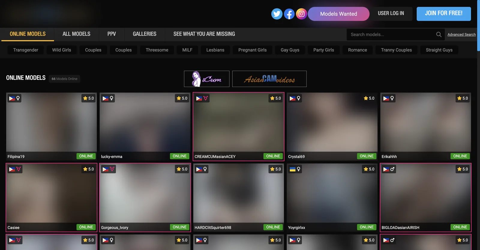AsianCamModels home page showing a counter reading 66 Models Online above a grid of tiles, each carrying a five point rating, a name and a state label