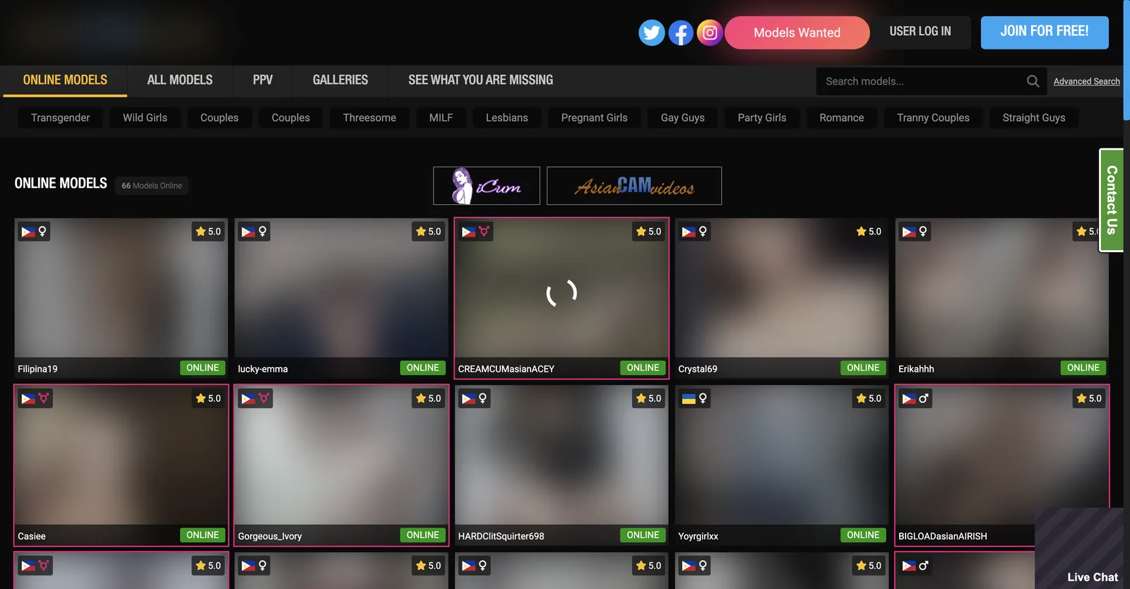AsianCamModels footer listing refund, complaints, cancellation and content management policies alongside CCBill and NETBilling support phone numbers and a Las Vegas corporate address
