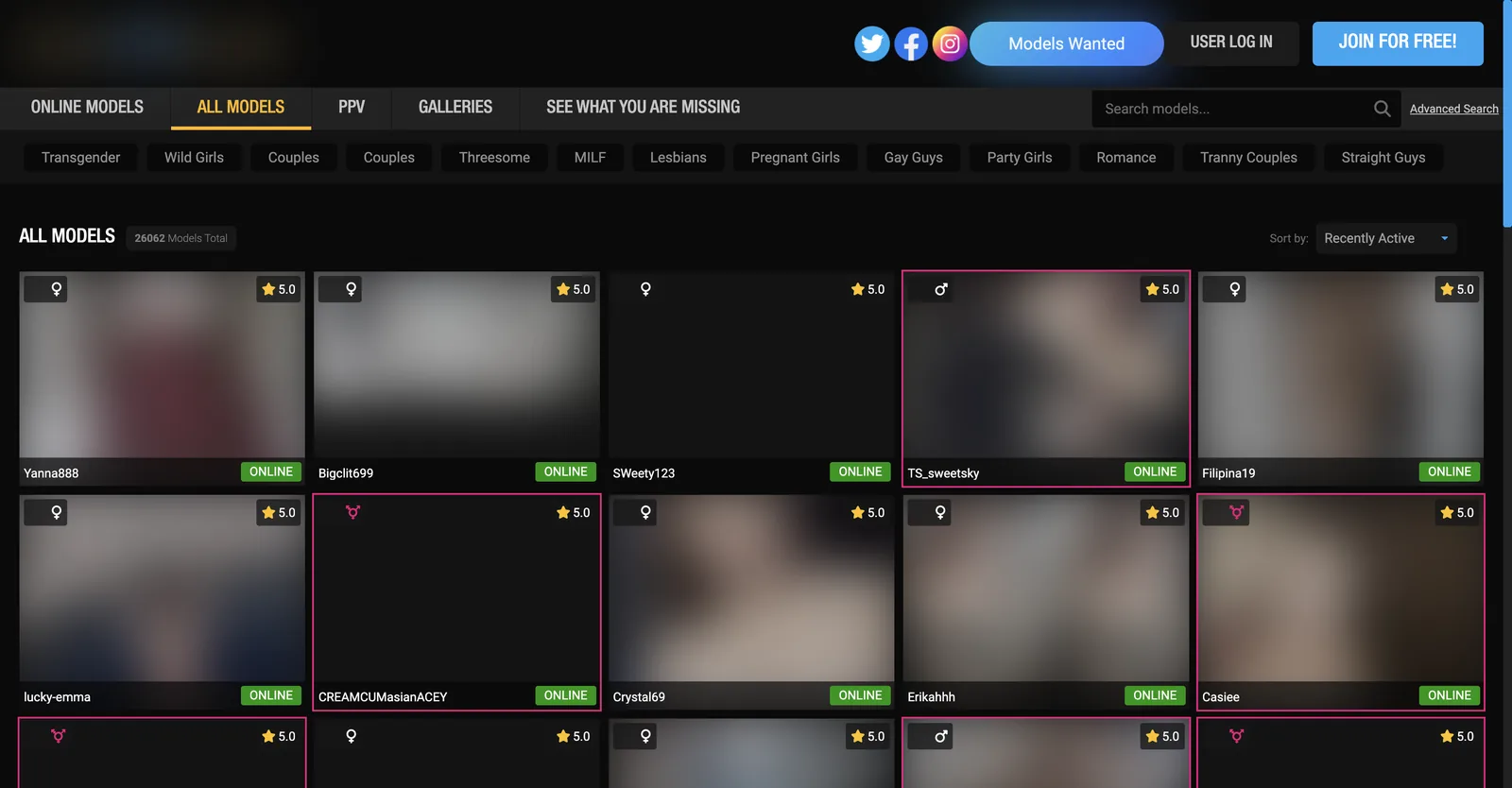 AsianCamModels all models page showing a counter reading 26062 Models Total with pagination running to 621 pages