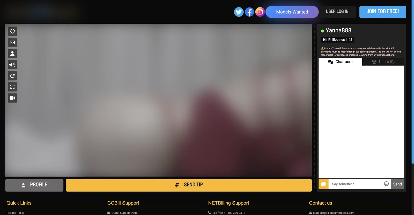 AsianCamModels live room showing a warning banner telling viewers not to send money to models outside the site, above a chatroom panel and a Send Tip button