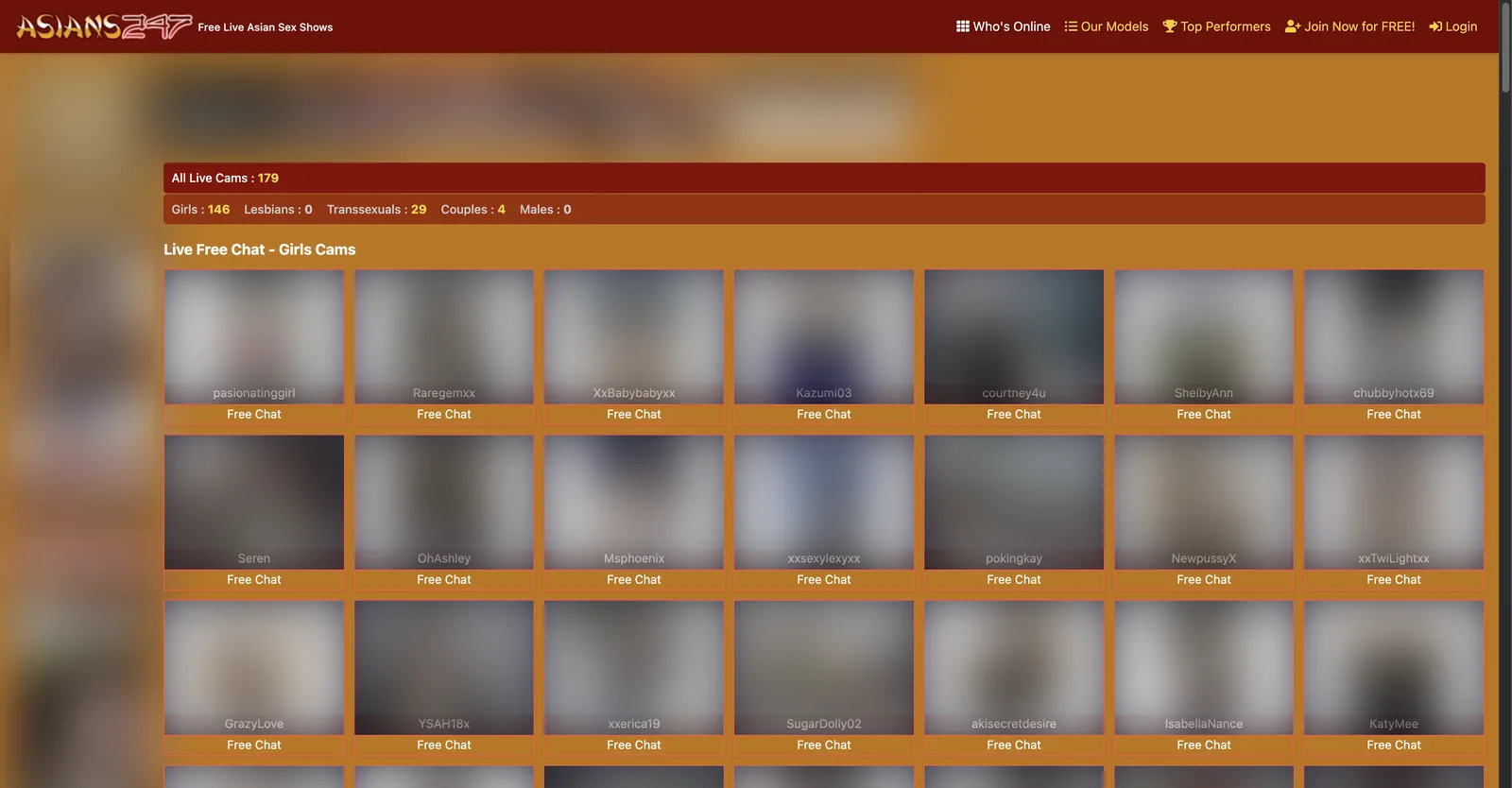 Asians247 live grid with a counter bar reading All Live Cams 179 broken down as Girls 146, Lesbians 0, Transsexuals 29, Couples 4 and Males 0