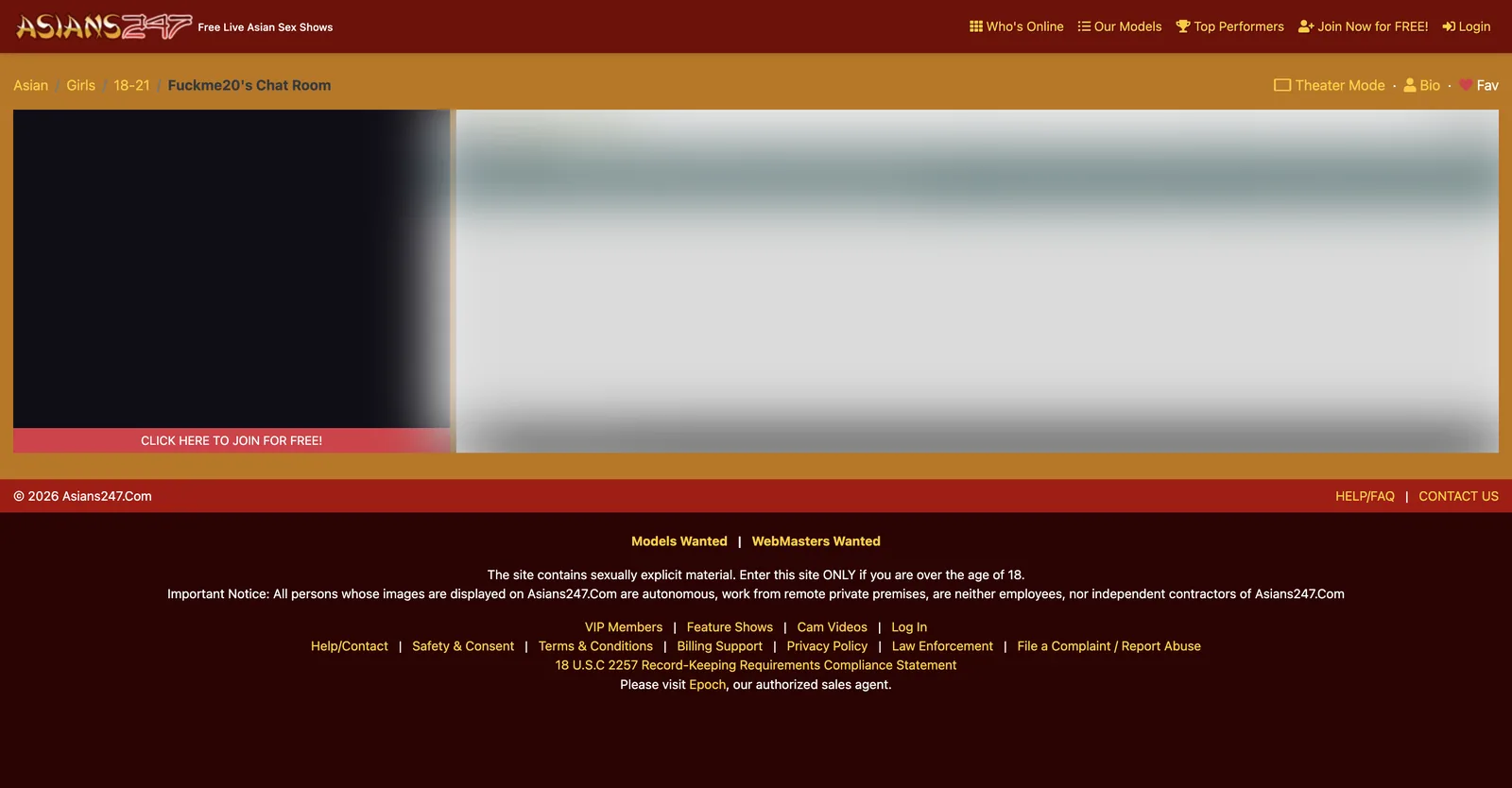 Asians247 chat room page showing a three level breadcrumb reading Asian, Girls, 18-21, above a footer carrying Safety and Consent, Law Enforcement and File a Complaint links