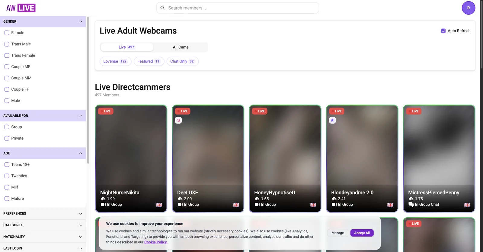 AWLive live cams grid with a per minute credit rate printed on every tile, beside a filter rail offering seven gender options and counters for Live, Lovense, Featured and Chat Only