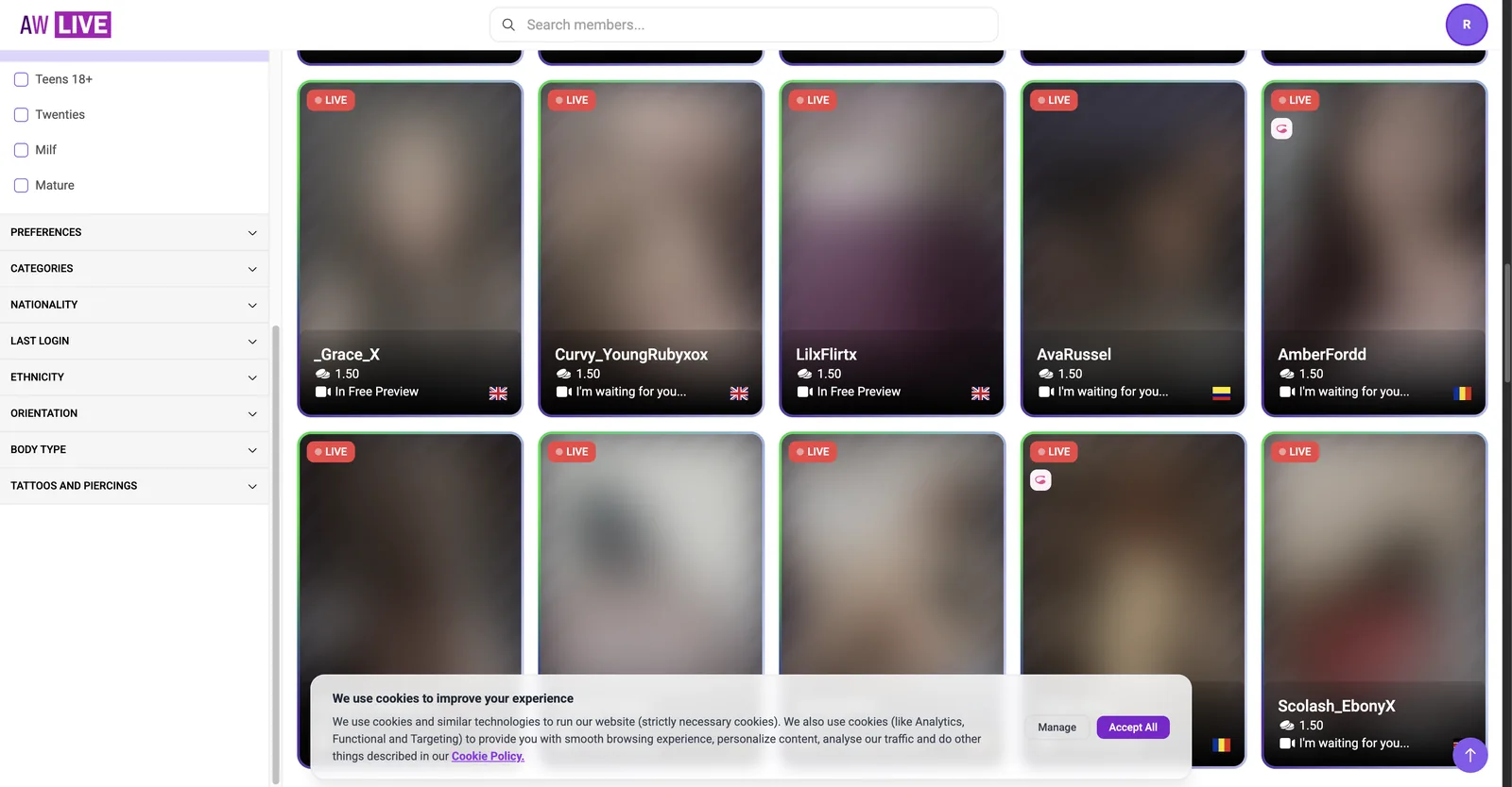 AWLive second page of live cams showing room state labels including In Group, In Group Chat, In Free Preview and Chat Only across sixty listings