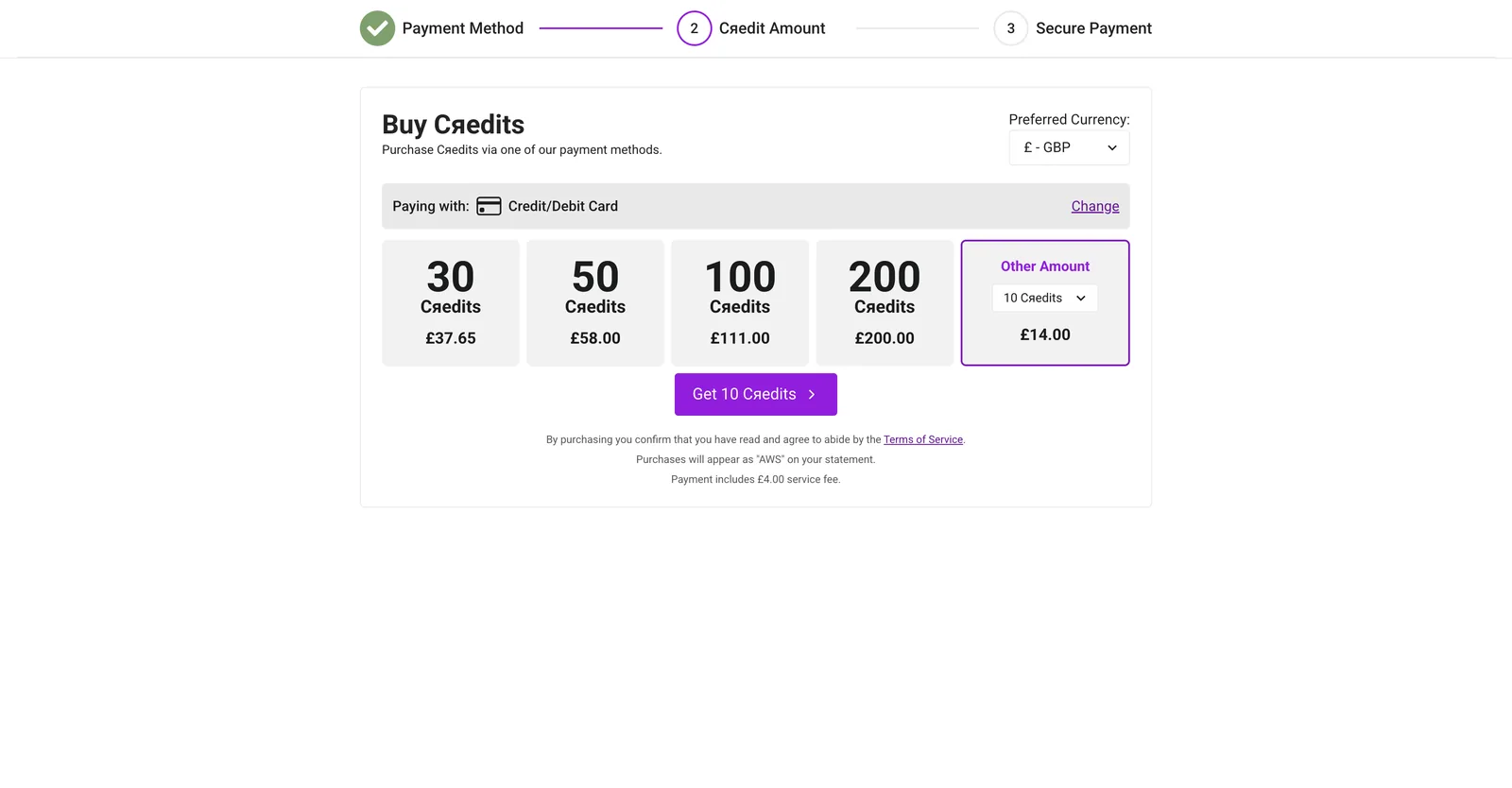 AWLive buy credits page listing packages of 30, 50, 100 and 200 credits priced in pounds sterling, with a currency selector and a note disclosing a four pound service fee