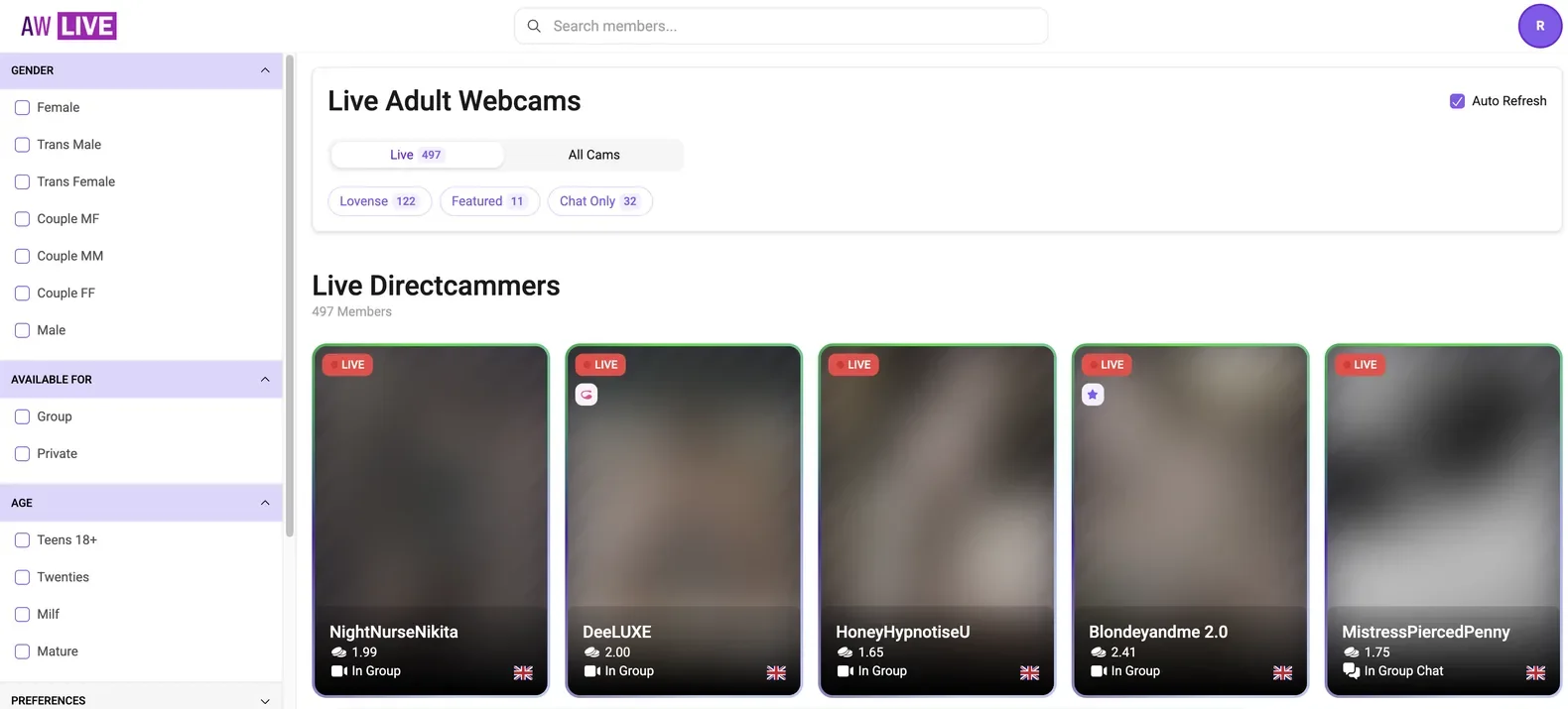 AWLive live directory with a per-minute credit rate printed under every performer name, beside a sidebar of gender, availability and age filters with live counts