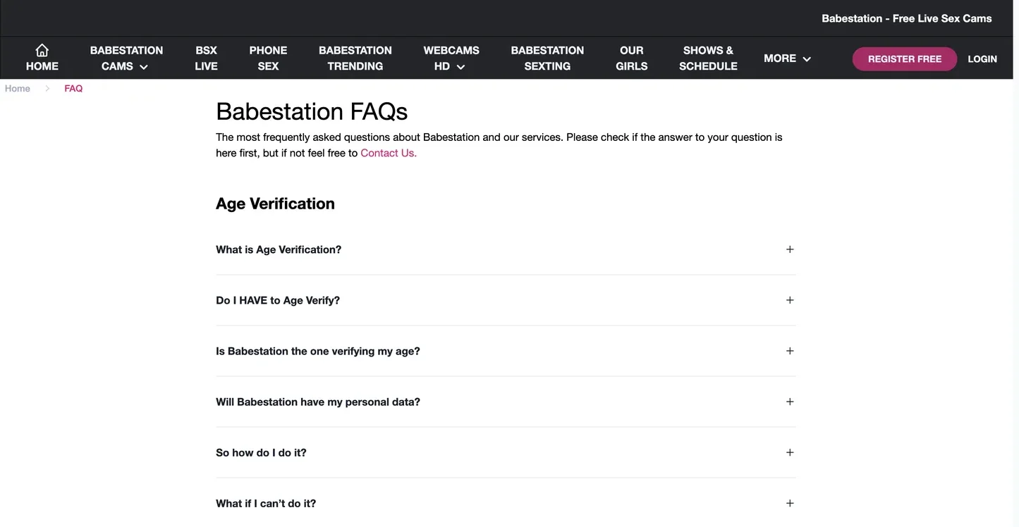 BabeStation FAQ page with navigation showing Babestation Cams, BSX Live, Phone Sex, Webcams HD, Babestation Sexting and Shows and Schedule, above age verification questions