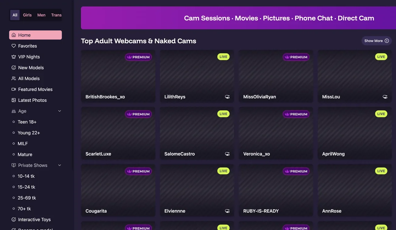 Hotica home page with a sidebar listing private show price bands in tokens per minute alongside age and interactive toy filters