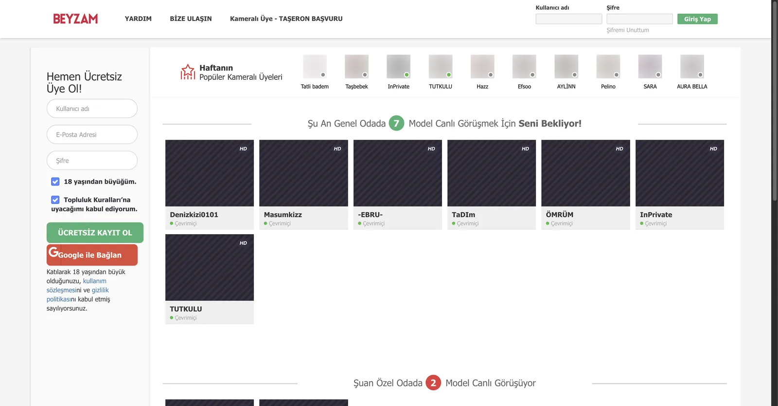 Beyzam home page in Turkish showing a Kamerali Uye TASERON BASVURU recruitment link in the main navigation, sentences stating seven models in the general room and two in private, and a grid of member tiles