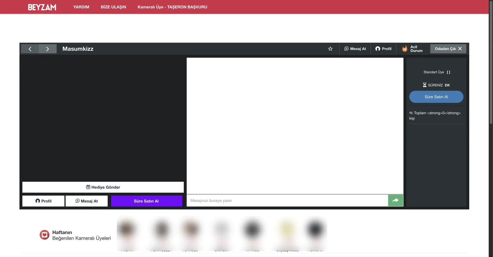 Beyzam chat room showing a room toolbar with message, profile, favourite, leave room and an Acil Durum emergency control badged with an F8 keyboard shortcut, beside a Sure Satin Al buy time button and a minutes balance