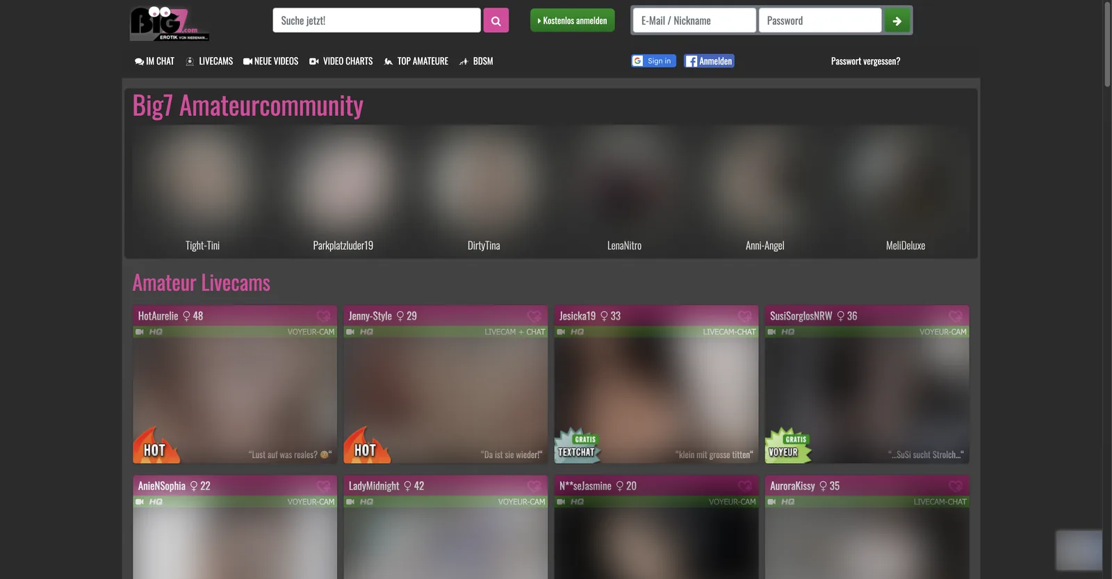 Big7 home page showing live cam tiles labelled VOYEUR-CAM, LIVECAM-CHAT and LIVECAM plus CHAT, with green GRATIS VOYEUR and GRATIS TEXTCHAT badges and an age beside each handle