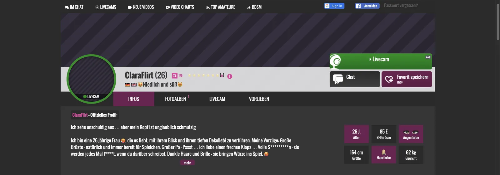 Big7 profile header showing age, bra size, height in centimetres and weight in kilograms in a stats block, with no location field anywhere on the page