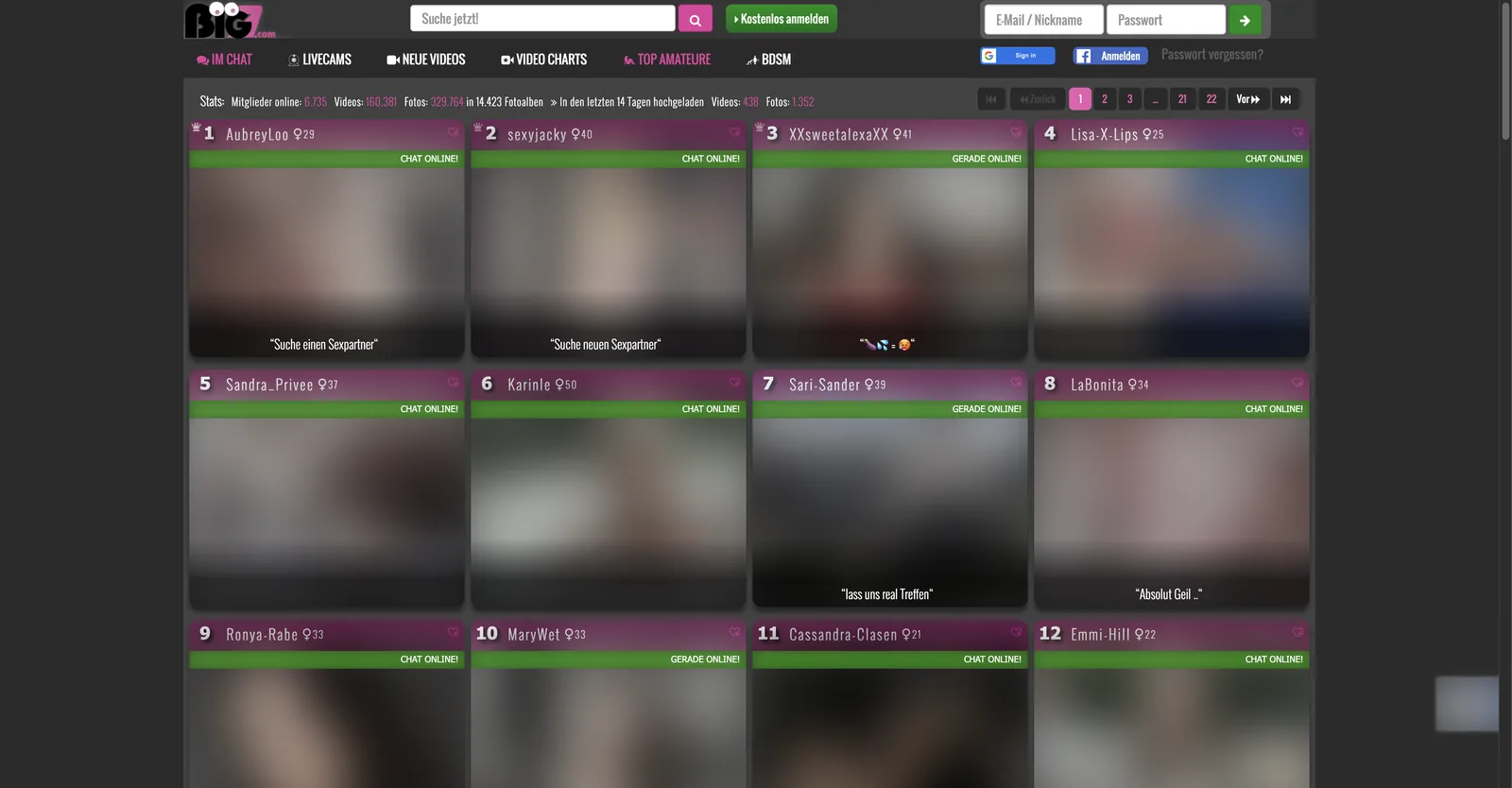 Big7 Top Amateure chart with a stats bar reading 6735 members online, 160381 videos and 329764 photos in 14423 albums, above numbered ranking tiles