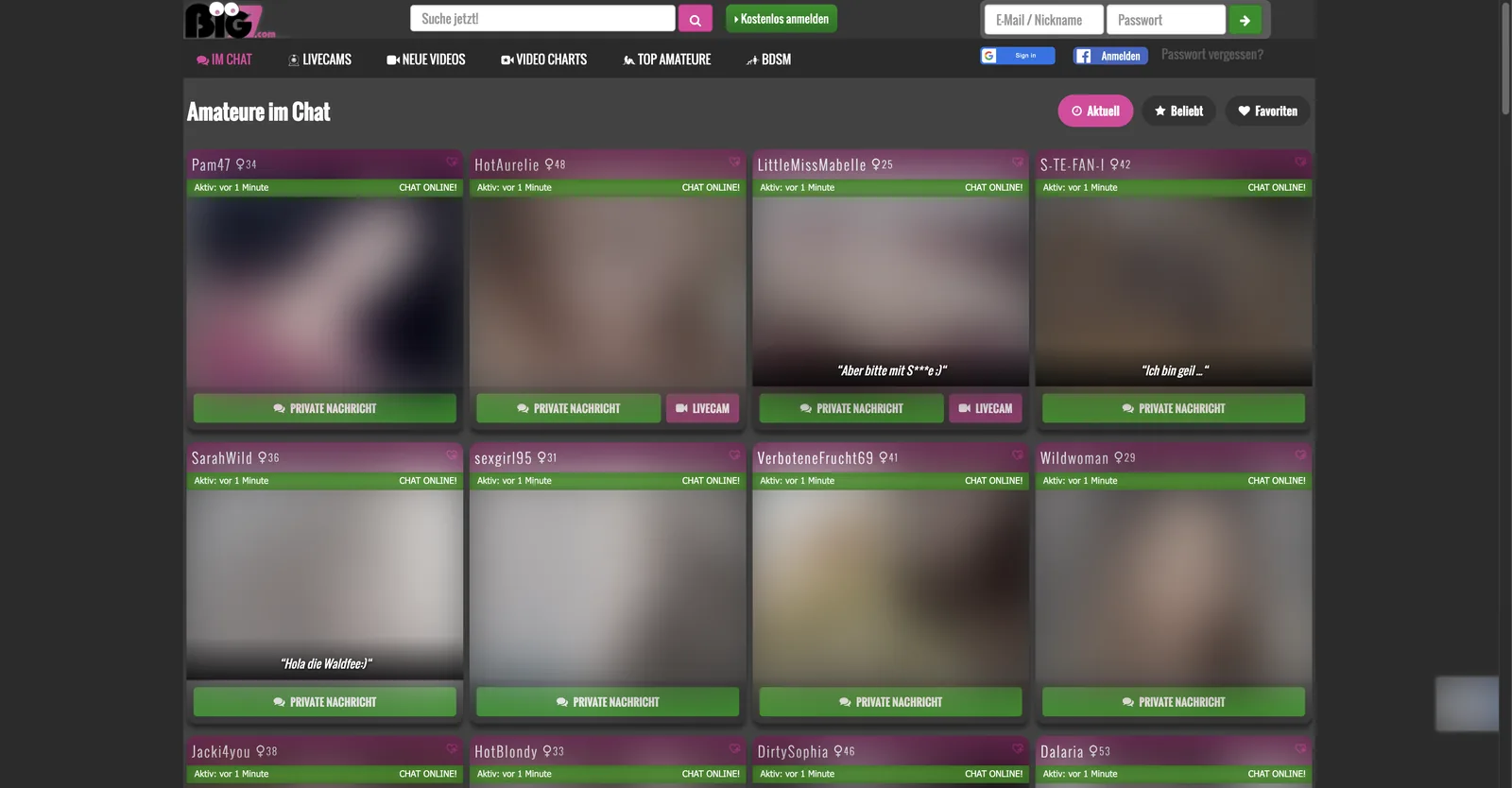 Big7 chat listing showing every entry with a last active timestamp reading active one minute ago beside a private message button
