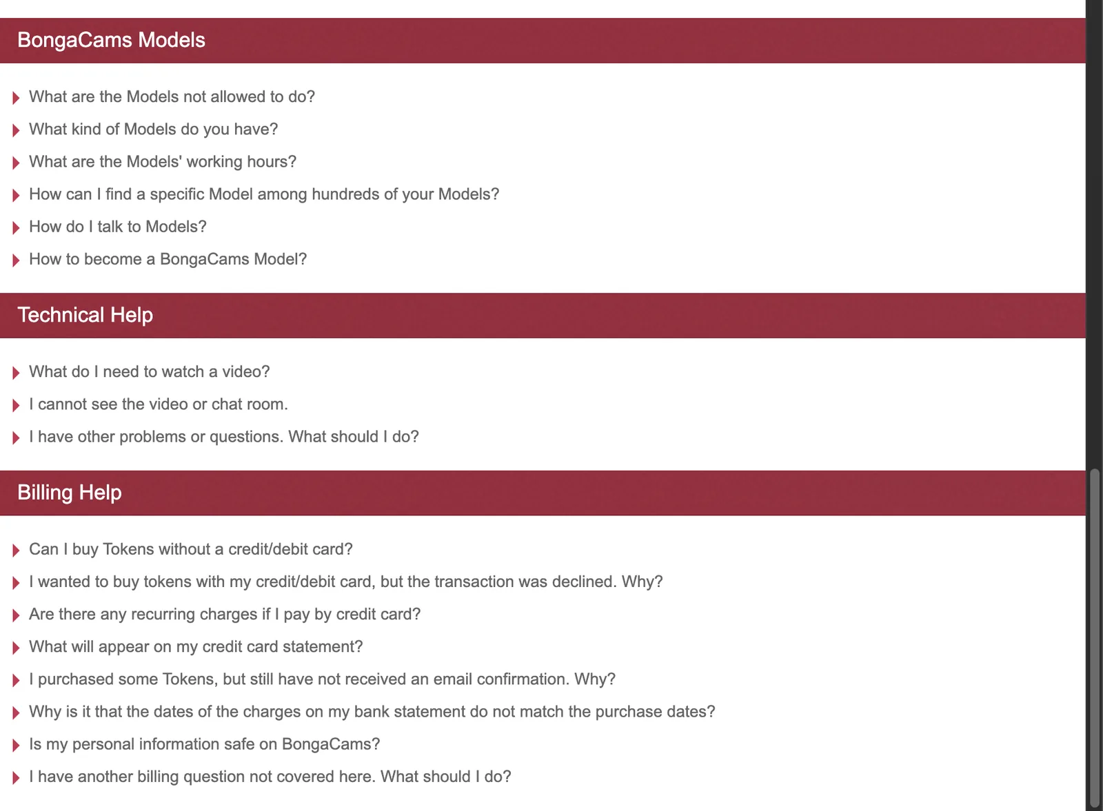 BongaCams FAQ page listing billing help questions including whether there are recurring charges and what appears on a credit card statement