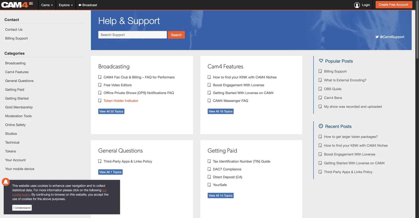 Cam4 help and support page listing categories including broadcasting, getting paid, moderation tools, online safety and gold membership