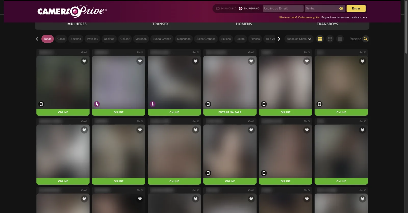 Camera Prive women's grid with four equal gender tabs across the top reading Mulheres, Transex, Homens and Transboys, above tiles each carrying a status bar