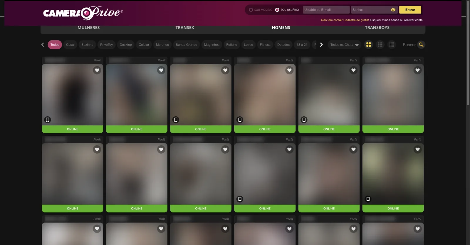 Camera Prive men's grid with a filter row rebuilt for the tab, swapping in categories that do not appear on the women's tab