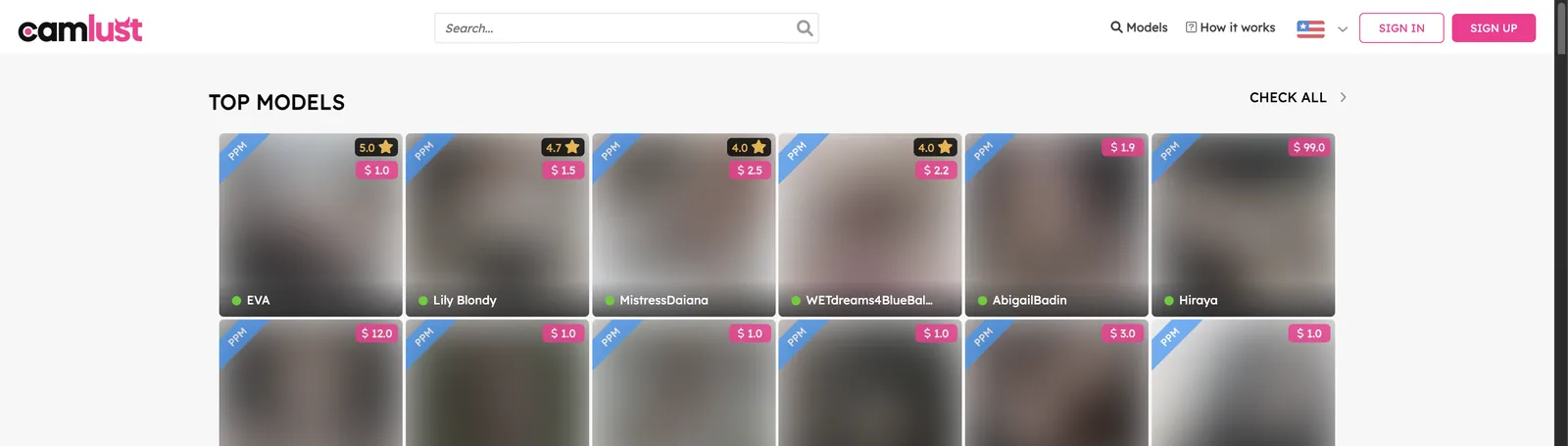 CamLust home page Top Models row, each tile carrying a PPM corner flag, a star rating and a dollar per minute price