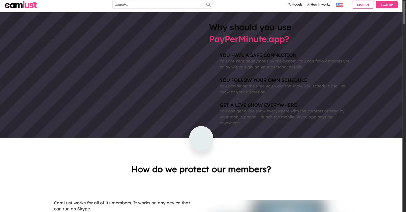 CamLust How It Works page headed Why should you use PayPerMinute.app, with a section stating the service works on any device that can run Skype