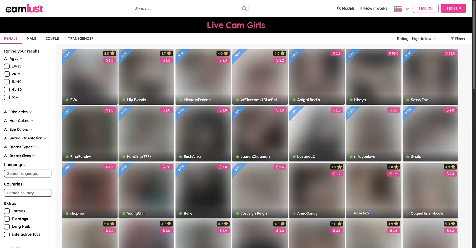 CamLust models page with a left filter rail for age, ethnicity, hair, eyes, orientation, languages and countries beside a grid of priced model tiles