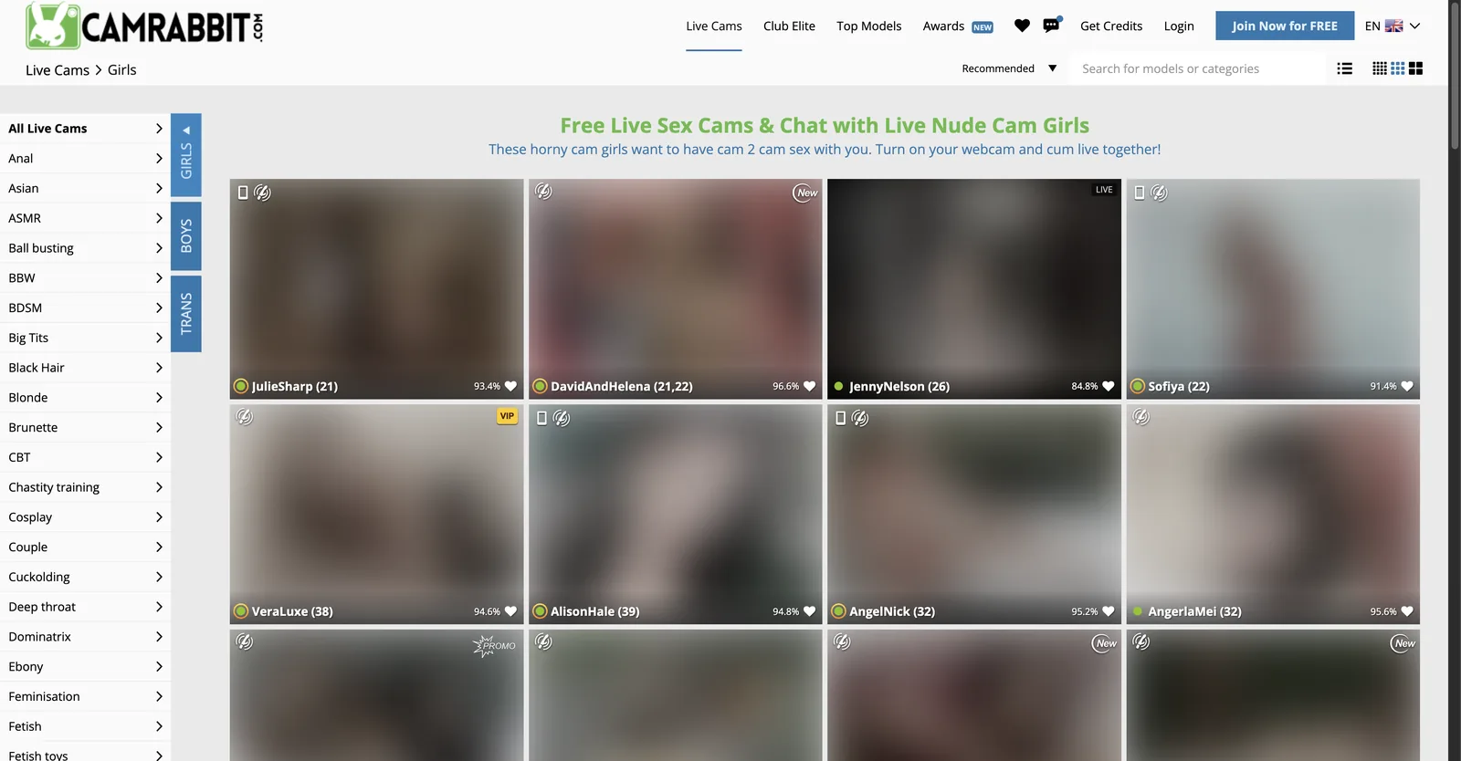 CamRabbit live cams grid with each tile showing a performer name, age and percentage approval score, beside a left rail of around fifty five categories
