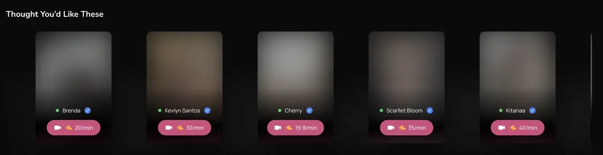 Flirtbate model tiles with a per-minute credit rate printed on each thumbnail beside verification badges