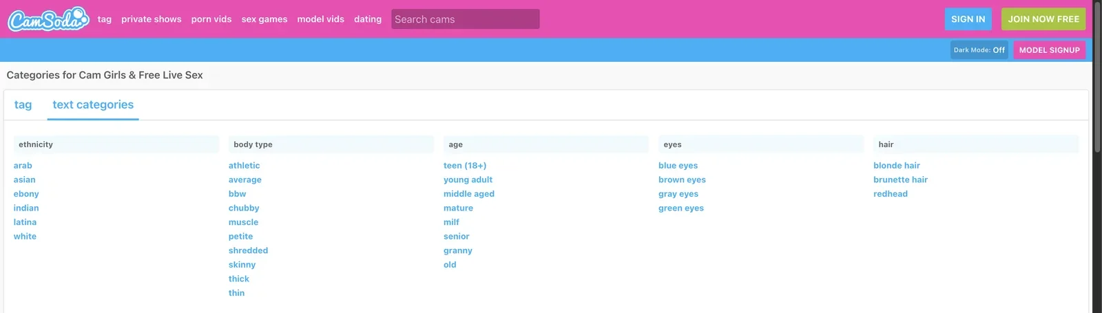 CamSoda text categories page grouping filters into ethnicity, body type, age, eyes and hair columns