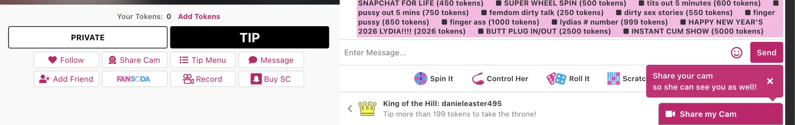 CamWithHer room toolbar showing Private and Tip buttons above Follow, Share Cam, Tip Menu, Message, Add Friend, FANSODA, Record and Buy SC, with a chat games row alongside