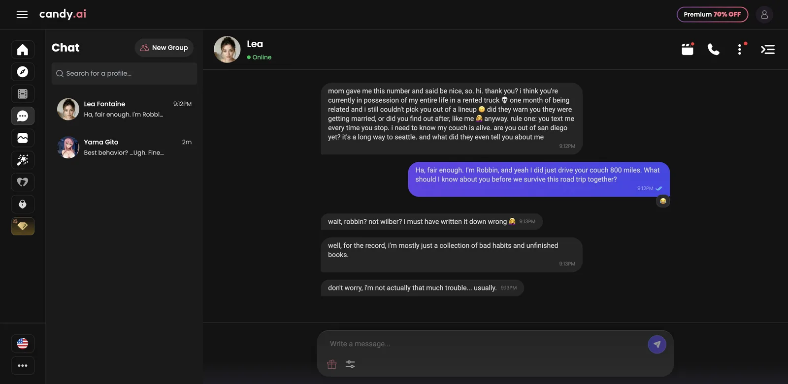 Candy AI chat conversation showing in-character, personality-driven replies